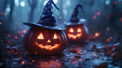 Fototapeta premium Glowing Jack-o'-Lanterns with Witch Hats in a Spooky Halloween Forest