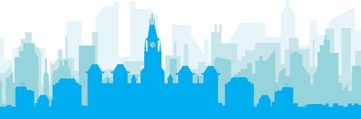 Fototapeta premium Blue panoramic city skyline poster with bluish misty transparent background buildings of OTTAWA, CANADA