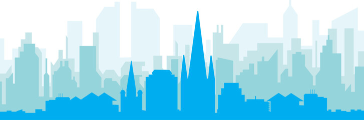 Blue panoramic city skyline poster with bluish misty transparent background buildings of NORWICH, UNITED KINGDOM
