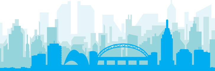 Obraz premium Blue panoramic city skyline poster with bluish misty transparent background buildings of NEWCASTLE, UNITED STATES