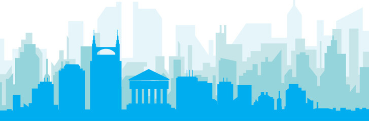 Blue panoramic city skyline poster with bluish misty transparent background buildings of NASHVILLE, UNITED STATES