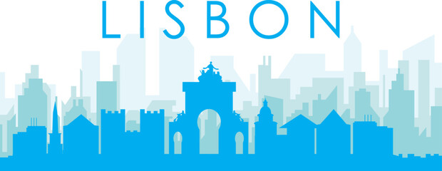 Obraz premium Blue panoramic city skyline poster with bluish misty transparent background buildings of LISBON, PORTUGAL