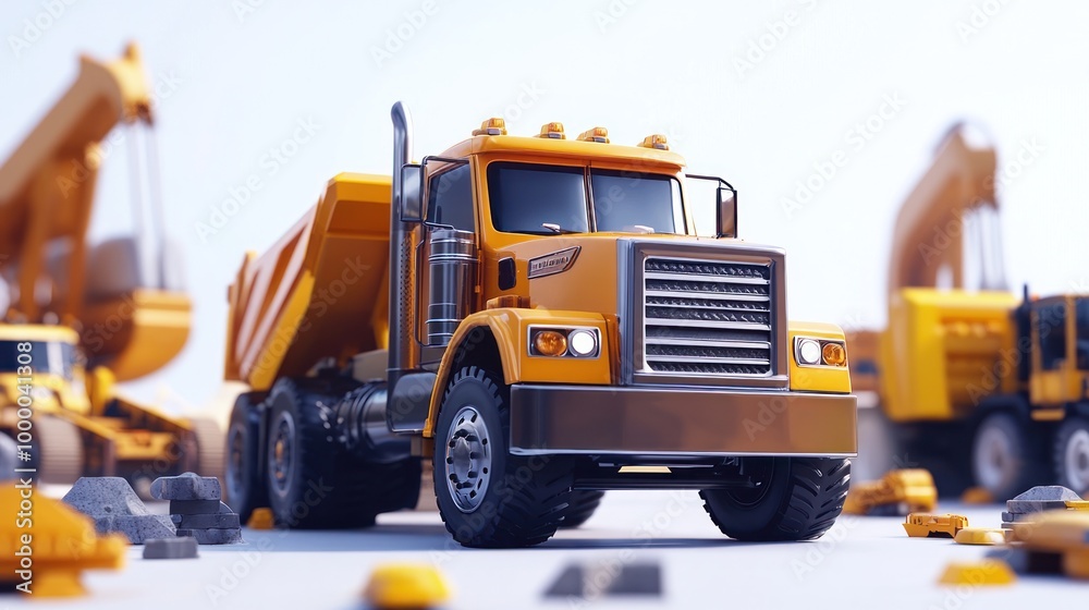 Canvas Prints A detailed model of a construction truck surrounded by machinery and building materials.