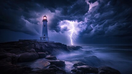 A thunderstorm over a coastal lighthouse, with lightning bolts illuminating the towering structure and the surrounding rocky shoreline. The dark storm clouds and intense flashes of light create a