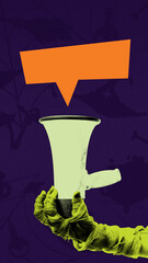 Zombie hand holding megaphone empty orange speech bubble above against dark purple background. News. Creative collage. Concept of Halloween. Advertisement, announcement, banner, poster template