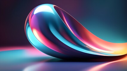 Abstract shiny blue and pink 3D drop shape with reflection on purple and blue background.