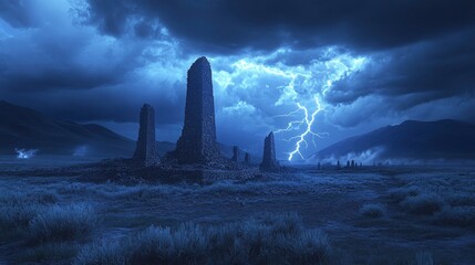A thunderstorm over a historical battlefield, with lightning bolts striking the historic monuments and casting dramatic shadows on the terrain. The dark storm clouds and intense flashes of light