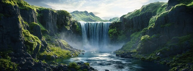 Fototapeta premium A serene waterfall surrounded by lush greenery and rocky cliffs under a bright sky.