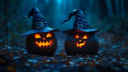 Naklejka premium Glowing Jack-o'-Lanterns with Witch Hats in a Spooky Halloween Forest