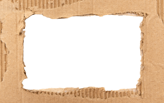 Hole in torn cardboard on white background. Cardboard frame with a hole