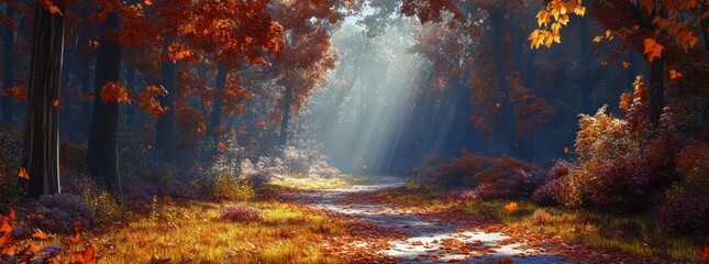 Fototapeta premium A serene forest path illuminated by autumn sunlight and vibrant foliage.