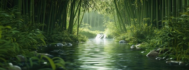 A serene bamboo forest with a tranquil stream flowing through it.