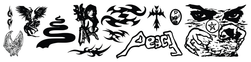 Collection Of Grunge Y2k Tattoo Metal Streetwear Graphic Elements. Gothic Neo Tribal Cyber Sigilism Shapes Vector Design