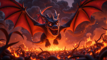 A Cartoon Dragon Soaring Over a Fiery Landscape