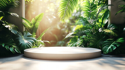 Mockup. A round platform surrounded by lush green tropical plants with sunlight streaming through the foliage