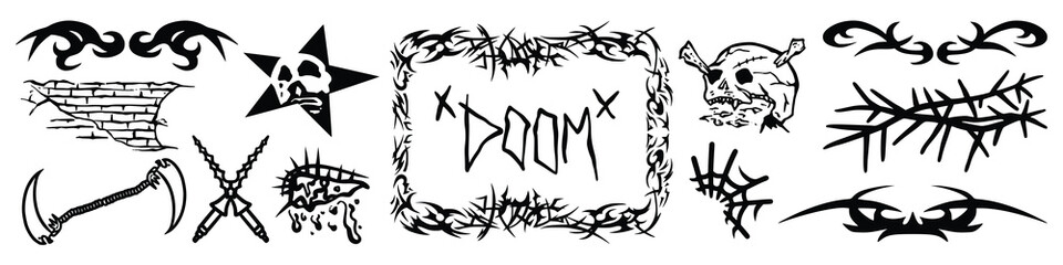 Metal tattoo set, gothic cyber body ornament shapes kit, Celtic vector abstract Hawaiian sign. Maori sleeve symbol y2k Polynesian metal abstract symmetry swirl wing.