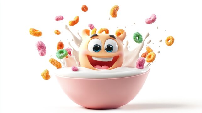 A cheerful cartoon character splashes in a bowl of cereal and milk.
