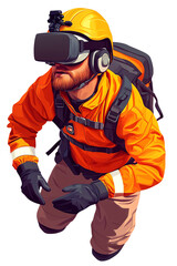 Person wearing VR headset in action, isolated on white background.