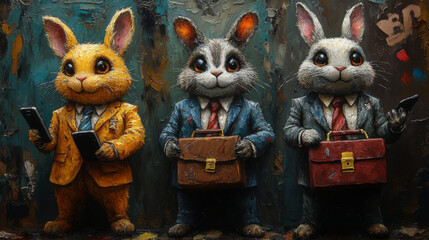 Fototapeta premium Three bunnies in suits and ties, holding briefcases and phones.
