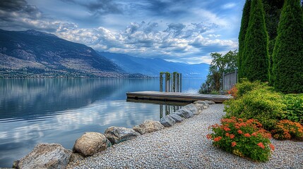 A serene lake view with a wooden dock, mountains in the background, and a gravel path leading to the water.