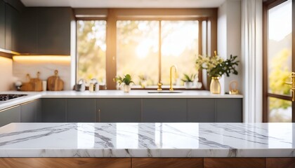 Fototapeta premium Kitchen with white marble countertop. Modern interior with empty tabletop with blur background. Luxury mockup with golden elements for product presentation. Stand with sunlight