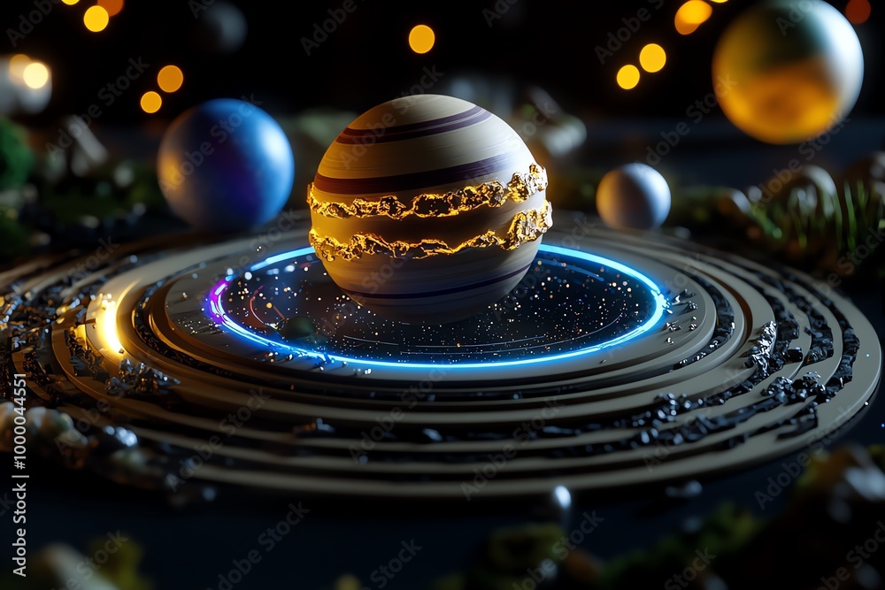 Poster 3d-rendered educational model of the solar system, where students can interact and rotate planets in