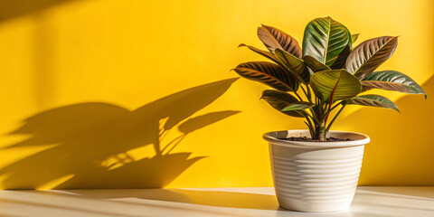 3D render of an empty room featuring a beige wall and a single potted plant, capturing a calm and inviting interior space Yellow background
