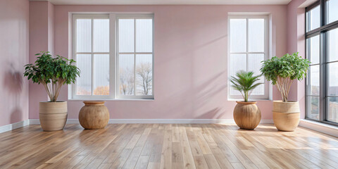 Fototapeta premium 3D render of an empty room featuring a beige wall, wooden flooring, and a single potted plant, capturing a calm and inviting interior space Pink background and nature