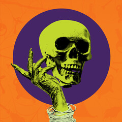 Green terrifying witch hand with skull against orange background with purple circle. Magical night. Creative collage. Concept of Halloween. Advertisement, announcement, banner, poster template