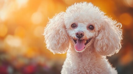 A cheerful poodle with fluffy fur and a joyful expression against a warm, blurred background.