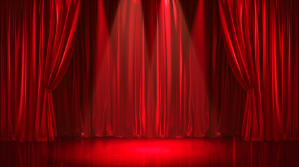 Fototapeta premium A red curtain with a spotlight shining on it. The curtain is open to reveal a stage. Scene is dramatic and theatrical