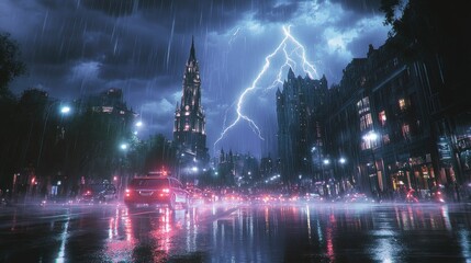 Fototapeta premium A lightning storm over a bustling city square, with bolts of lightning striking the historic buildings and casting dramatic reflections on the wet pavement. The dark storm clouds and bright flashes