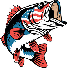 Big bass fish with USA flag vector for t-shirt Big bass fish vector design set illustration A big fish silhouette vector.