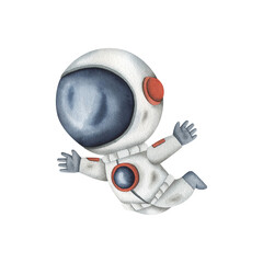 Space watercolor hand-drawn illustration with cute little astronaut in a space suit and helmet flying in zero gravity. Сartoon element for kids © Nellya Egorova
