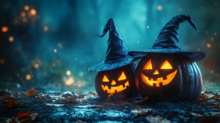 Fototapeta premium Glowing Jack-o'-Lanterns with Witch Hats in a Spooky Halloween Forest