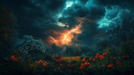 Obraz premium A thunderstorm over a tranquil garden, with lightning bolts illuminating the blooming flowers and foliage. The dark storm clouds and bright flashes of light create a dramatic contrast with the