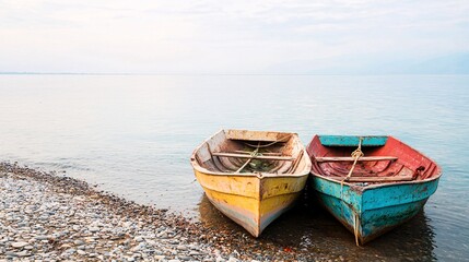 Obraz premium Empty Fishing Boats on Polluted Shores - A Stark Reminder of Industry Collapse and Hunger Crisis Amidst Toxic Waste and Marine Ecosystem Imbalance