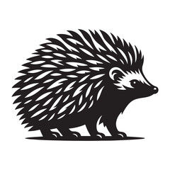 Hedgehog Silhouette, Stylish icon, template, background, tattoo. Print for t-shirt. Hand drawn vector illustration, Coati black vector, isolated.