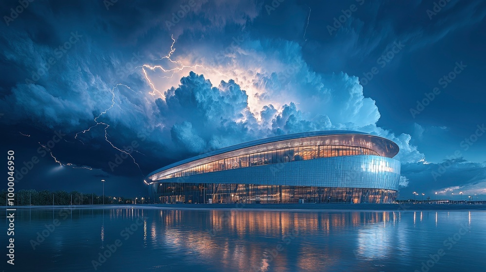 Wall mural a thunderstorm over a modern sports arena, with lightning bolts striking the structure and creating 