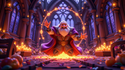 Fototapeta premium Joyful Wizard Performing Magic in a Grand Hall