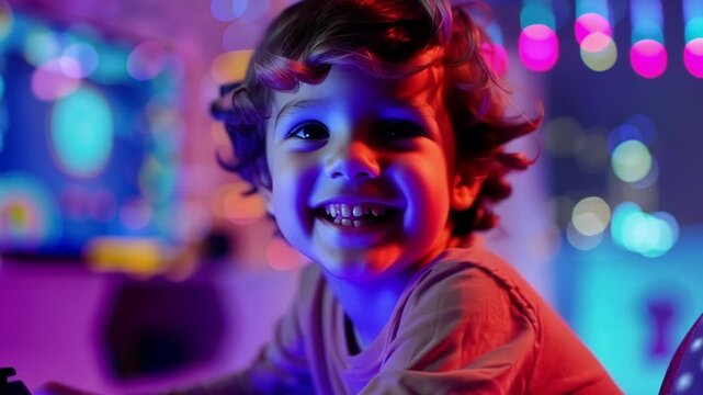 Young boy is smiling while holding a video game controller and looking up at a screen illuminated with colorful lights