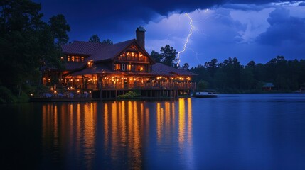 Obraz premium A lightning storm over a picturesque lake house, with bolts of lightning striking the charming building and creating dramatic reflections in the water. The dark storm clouds and bright flashes of