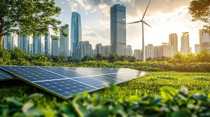 Fototapeta premium Renewable Energy Powering Sustainable Urban Cityscape with Solar Panels and Wind Turbines