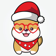 Cute Shiba  in Christmas Santa Hat | Holiday Dog Vector Clipart | Festive Pet Illustration | Cute Dog with Santa Hat and Glasses | Holiday Pet Clipart