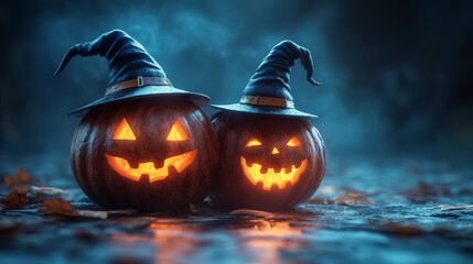 Fototapeta premium Glowing Jack-o'-Lanterns with Witch Hats in a Spooky Halloween Forest