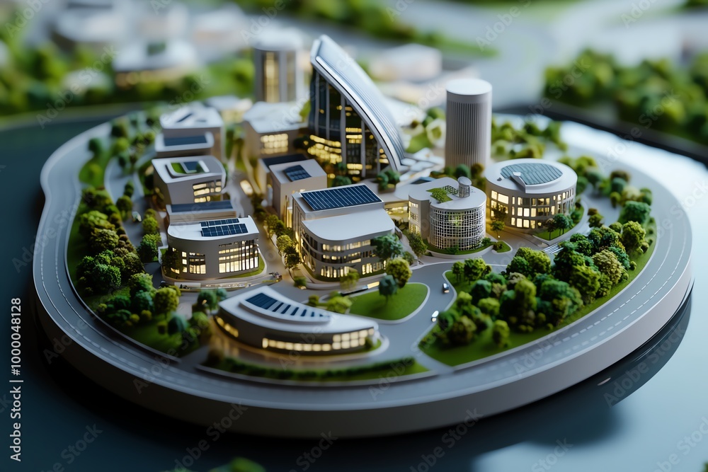 Poster 3d-rendered model of a sustainable city, where users can explore buildings powered by renewable ener