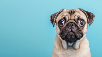 A close-up of a pug dog with a curious expression against a blue background.