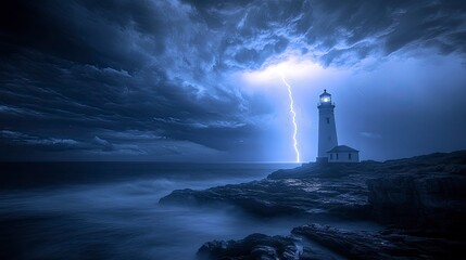A lightning storm over a historic lighthouse, with bolts of lightning striking the structure and illuminating the rocky coastline. The dark storm clouds and bright flashes of light create a dramatic