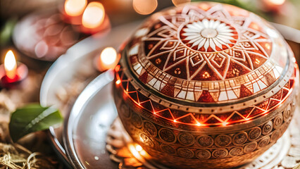 Obraz premium Macro Shot of Bhai Dooj Coconut Offering: Intricate Textures & Futuristic Patterns Blending Tradition and Technology in Close-Up Photography