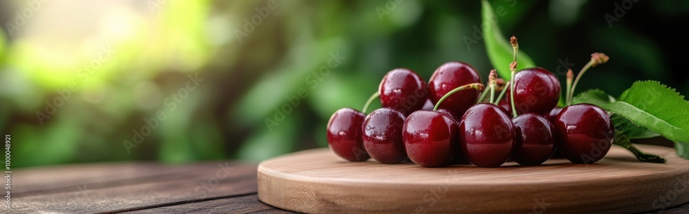 Sticker Fresh cherries arranged on a wooden board, surrounded by green foliage.